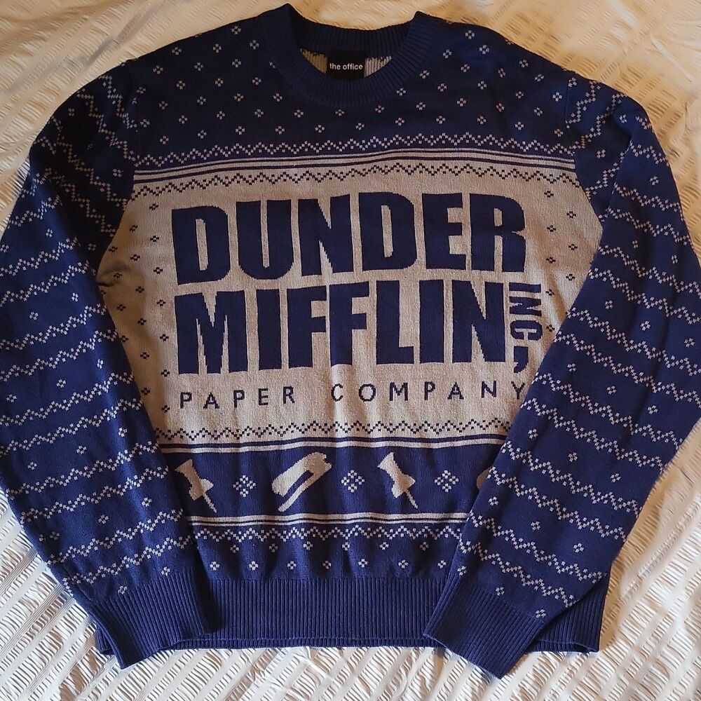 The Office Dunder Mifflin Blue Fair Isle Ugly Christmas Sweater Men's LARGE EUC